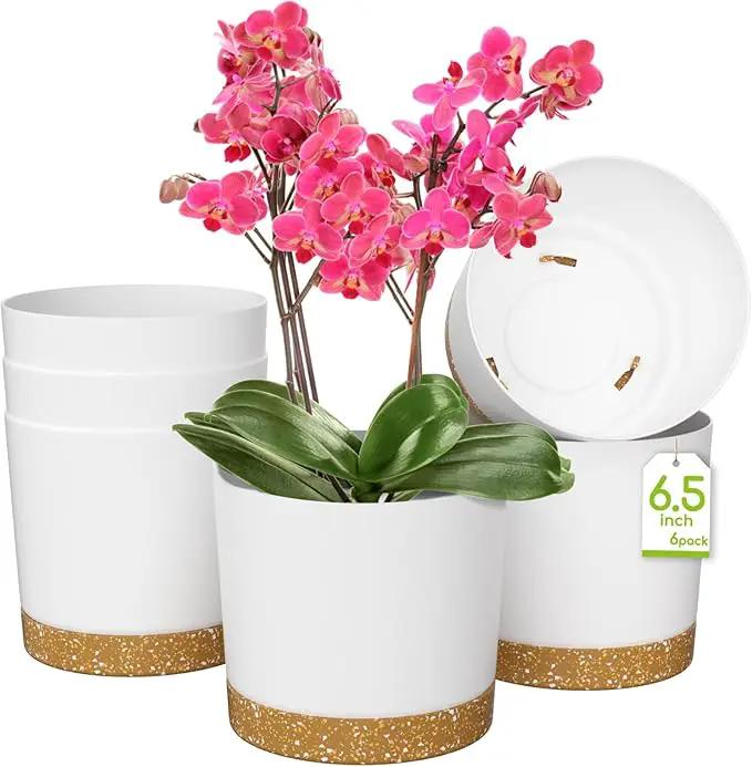 ZMTECH Plant Pots, Set of 6 6.5'' Self Watering Plastic Planter with Drainage Hole and Saucer,Modern Decorative Flower Pot for Indoor Outdoor House Plants, Succulents, Flowers - White by GreenHaven Gardens