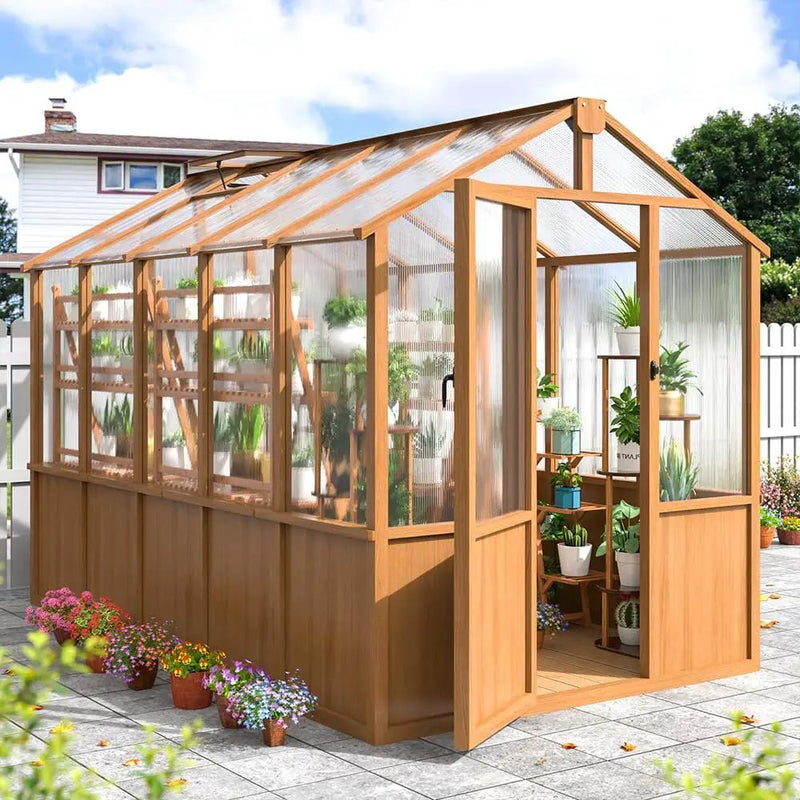 Wooden Greenhouse 6x10 FT, Walk-in Greenhouse for Outdoors with 6MM Thick Polycarbonate Panel and Adjustable Roof Vents, Garden Backyard, Wood Colour by GreenHaven Gardens