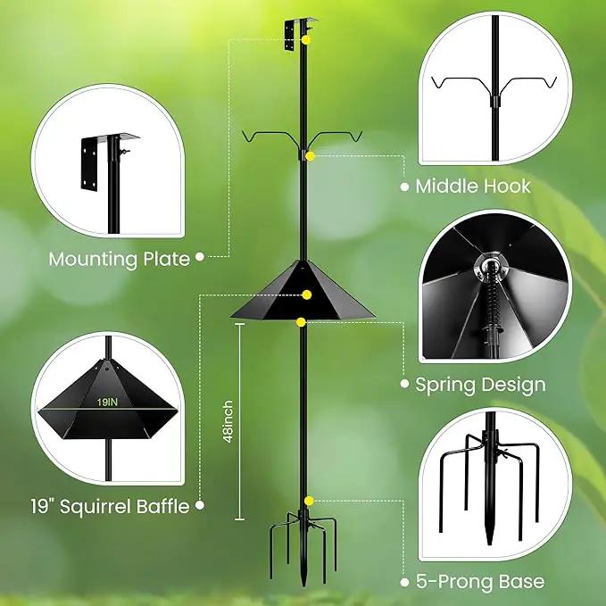 Bird Feeder Pole, 79 Inch Heavy Duty Bird House Pole Mount Kit for Outdoors, Adjustable Feeding Stand, with 2-Hooks, Metal Squirrel Baffle and 5-Prong Base, Black by GreenHaven Gardens