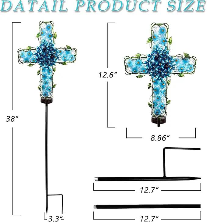 Solar Cross Garden Lights Outdoor Decorative - Solar Metal&Glass Cross Blue Hydrangea Flower Stake Lights- Waterproof 20 Warm White LED for Remembrance Gifts by GreenHaven Gardens