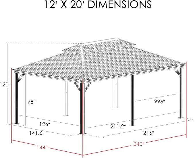 Kozyard Alexander 12' X 20' Permanent Aluminum Hardtop Gazebo with Galvanized Steel Double Roof Canopy, Curtain and Netting or Patio, Backyard, Deck, Lawn (Brown) by GreenHaven Gardens
