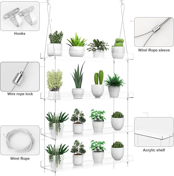 4-Tier Hanging Clear Plant Shelves for Windows, Acrylic Window Wall Plant Stand Shelf for Kitchen Indoor Gardens, Flower, Succulents, Herb, Seedling Organization, and Pots Display, 16 Inch per Tier by GreenHaven Gardens