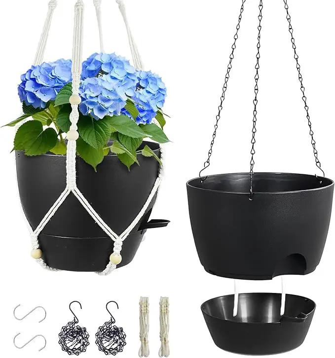 10 inch Self Watering Hanging Planters, 2 Pack Hanging Baskets for Indoor Outdoor Plants, Hanging Flower Pots with Drainage Holes & 2 Kinds of Plant Hangers for Garden Home Decor, Black by GreenHaven Gardens