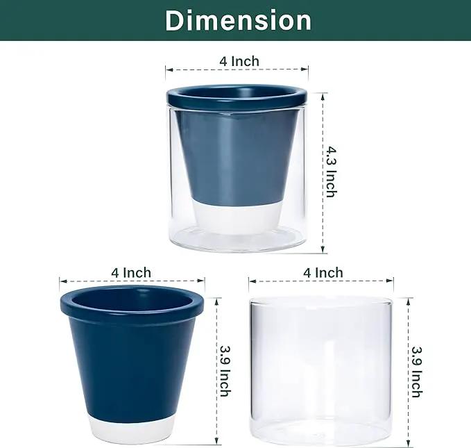 D'vine Dev 4 Inch Design Self Watering Planter for Indoor Plants, Blue Terracotta Pot with Cylinder Glass Cup, Set of 2, 37-Y-A-4 by GreenHaven Gardens