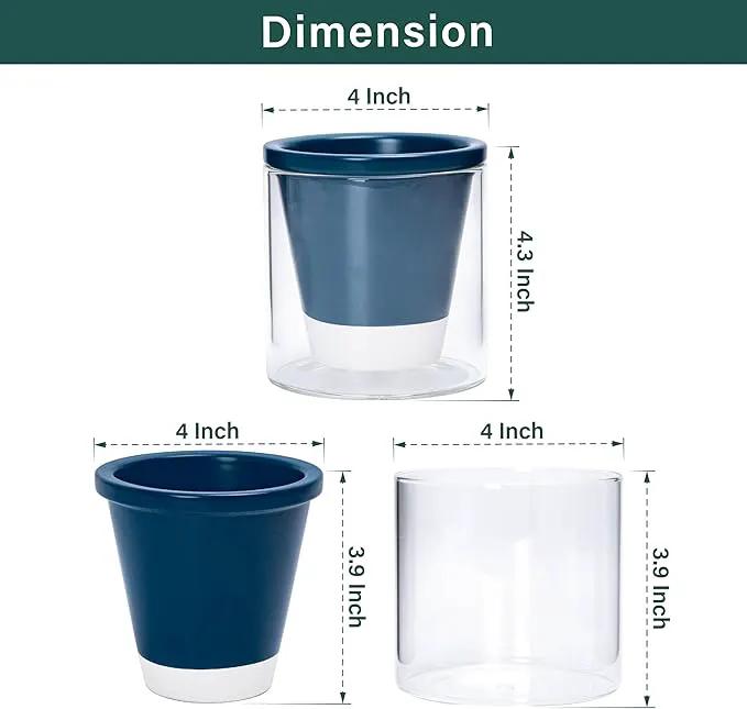D'vine Dev 4 Inch Design Self Watering Planter for Indoor Plants, Blue Terracotta Pot with Cylinder Glass Cup, 37-X-A-4 by GreenHaven Gardens
