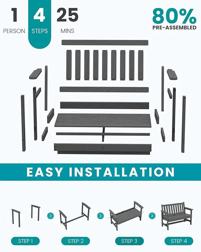SERWALL Outdoor Bench, HDPE Outdoor Benches Weatherproof, 2-Person Garden Bench with 660 lbs Weight Capacity, Patio Benches for Outdoors, Garden, Porch, Backyard and Park, Grey by GreenHaven Gardens