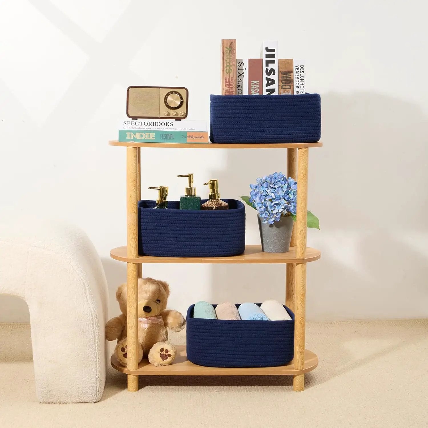 Small Storage Baskets for Organizing | Closet Organizer Bins | Shelf Toy Basket | Woven Rope Baskets | Cube Decorative Box | Shallow Basket | 13x8.5x5.1” | 3 Packs Navy Blue by GreenHaven Gardens