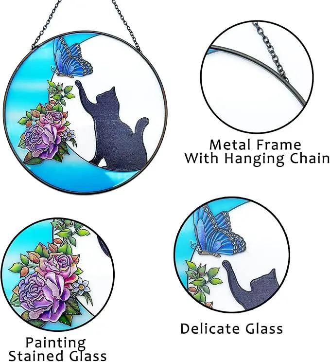 Cat Stained Glass Butterfly on Moon Gifts, Handcrafted Suncatchers Black Cat for Stained Glass Window Hangings, Cat Gifts for Cat Lovers, Painted Glass Panel Decor Funny Cat Themed Gift by GreenHaven Gardens