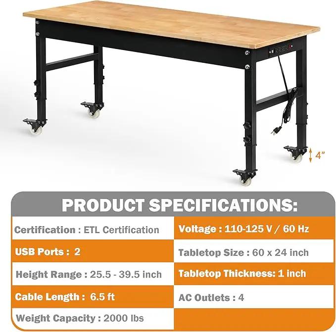 60" Adjustable Workbench for Garage, Rubber Wood Heavy Duty Workstation with Power Outlets & Wheels, 2000 LBS Load Capacity Hardwood Worktable for Workshop, Garage, Office, Home, Commercial by GreenHaven Gardens