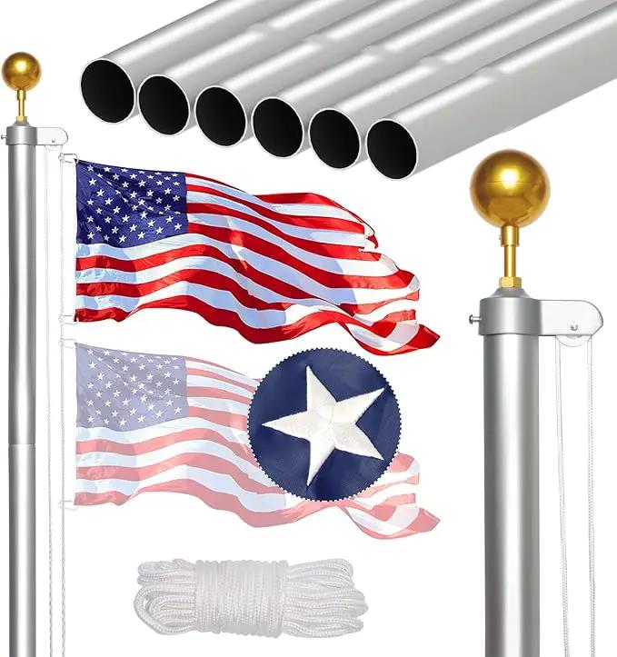 NELXINJO 25FT Sectional Flag Pole Kit, Heavy Duty Aluminum Outdoor In-Ground Flagpole, Gold Ball Top, 3x5 USA Flag for Residential Commercial Outdoor Garden(25FT, Silver) by GreenHaven Gardens
