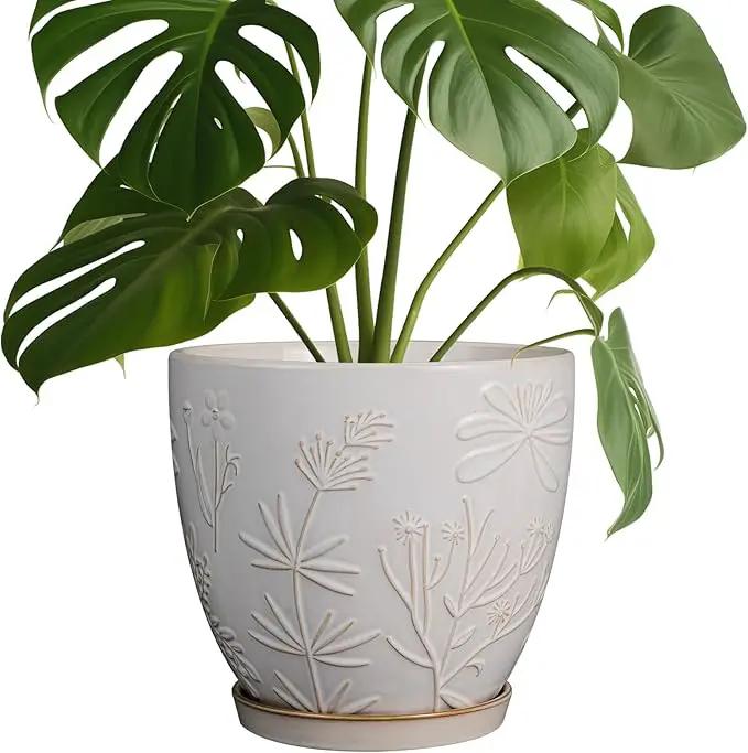 8 Inch Ceramic Pots for Plants Large Planter Pot with Drainage Hole and Saucer Round Flower Pot for Indoor Outdoor Decor, White by GreenHaven Gardens