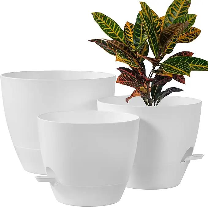 FaithLand 3-Pack Large Planter Pots, 12 10 9 Inch Self Watering Flower Pots for Indoor Outdoor Garden Plants, White by GreenHaven Gardens