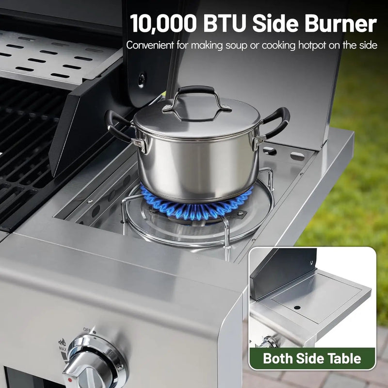4-Burner Propane Gas Grill with Side Burner & Cabinet, 50,000 BTU Outdoor BBQ Grill with Porcelain-Enameled Cast Iron Grates, Stainless Steel Barbecue Grill for Outdoor Cooking (Silver) by GreenHaven Gardens