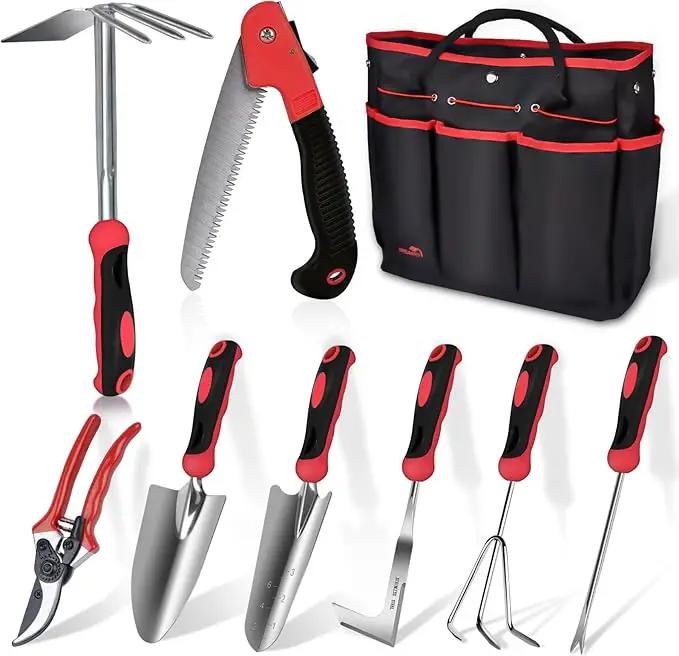 Red Gardening Tools, WisaKey 9 Piece Stainless Steel Heavy Duty Garden Tools, Red Gardening Hand Tools with Non-Slip Ergonomic Handle, Garden Tote Bag, Gardening kit, Gardening Gifts for Women and Men by GreenHaven Gardens