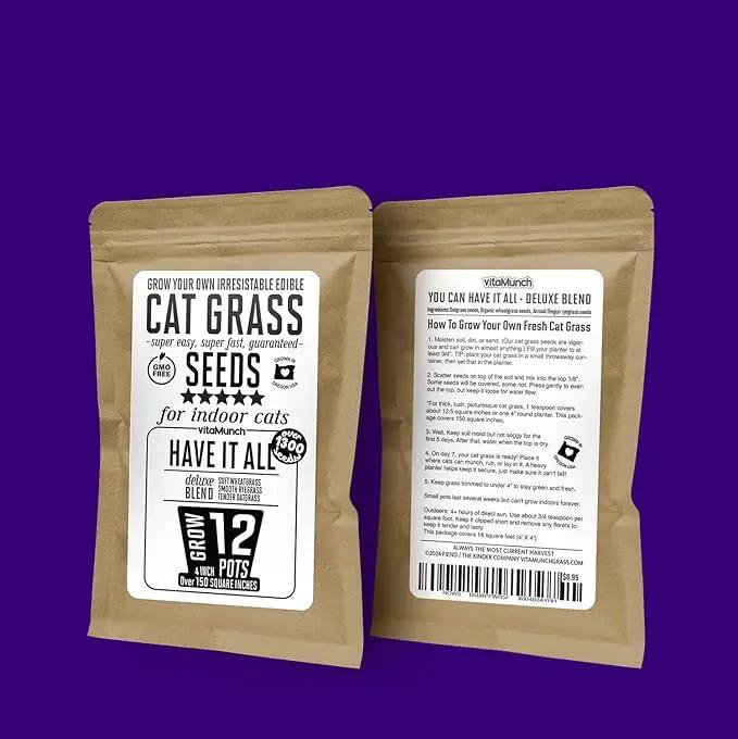 Cat Grass Seeds Deluxe Blend – Tender, Smooth and Chonky – Grows 12 Pots of Fresh Cat Grass for Indoor Cats – Easy & Fast to Grow Small Pack Grows 150 Square inches of Edible cat Grass – Vitamunch by GreenHaven Gardens