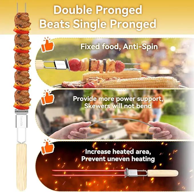 Skewers for Grilling, 17" (6 Pcs) Wooden Handle Double Pronged Stainless Steel Flat Kabob Skewers with Push Bar, Reusable Long Metal Skewer Sticks for Meat Chicken Vegetable, BBQ Accessories by GreenHaven Gardens