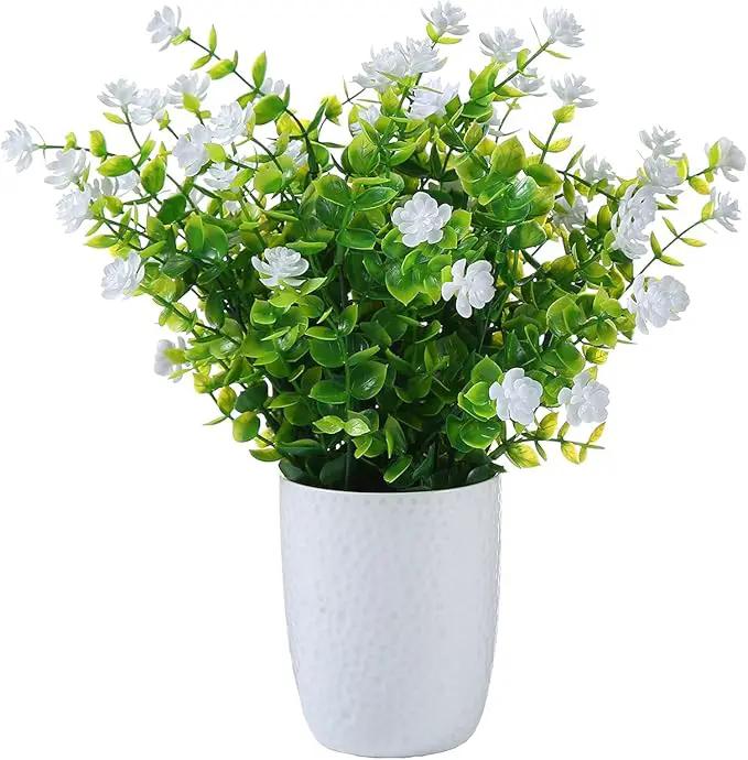 Artificial Plants Flowers Grass Shrubs 8 Pack No Fade Faux Plastic Flowers Outdoor for Vases Farmhouse Garden Porch Patio Office Indoor Wedding Decoration Greenery Fake Plants (2#White) by GreenHaven Gardens