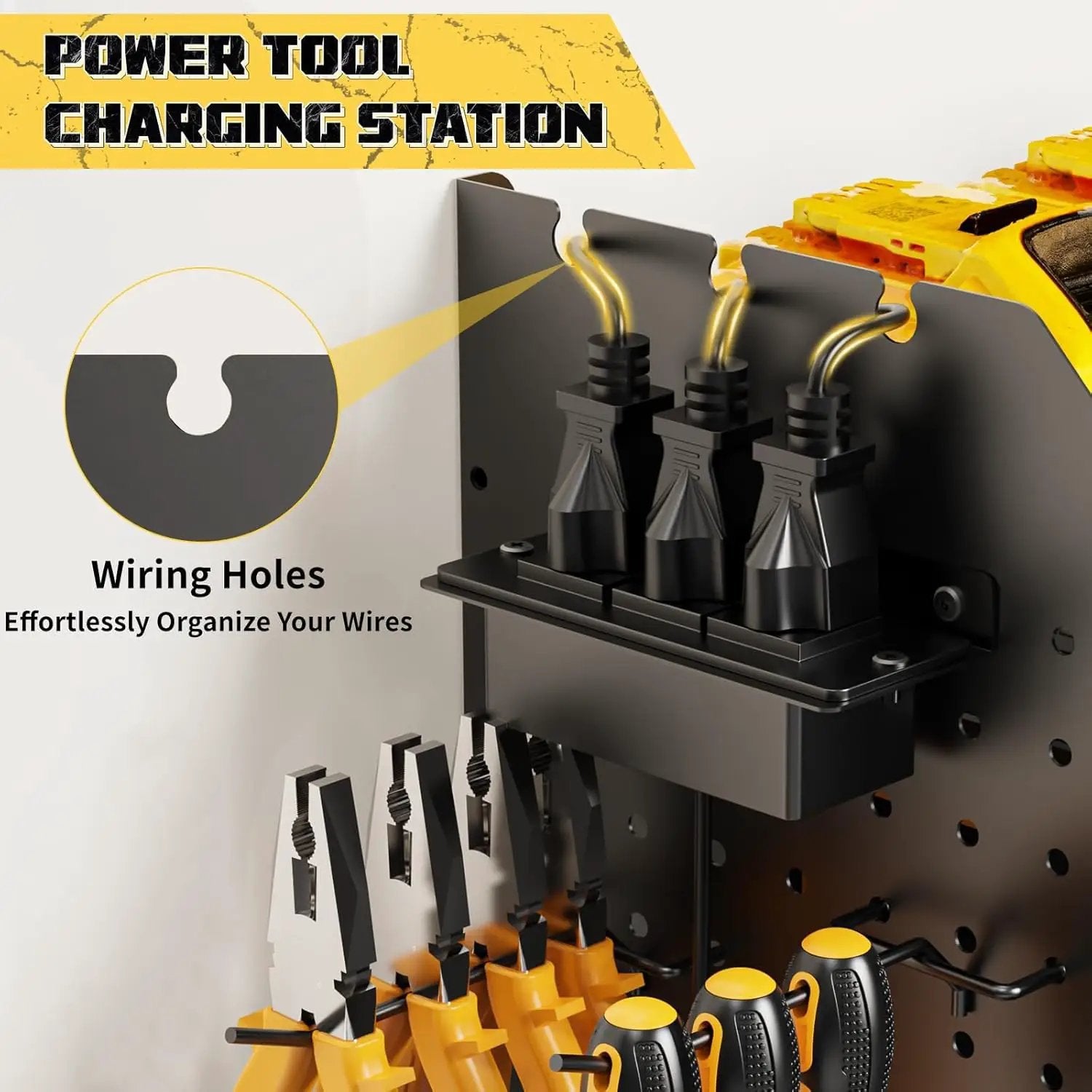 Power Tool Organizer with Charging Station Wall Mount, 3 Layer Expanded Heavy Duty Garage Organization, 45.5 Inch Length Garage Tool Storage, 8 Drills, 2 Assemble Method, Black by GreenHaven Gardens