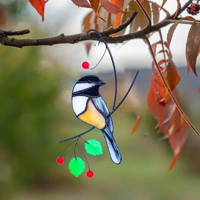 Lolitarcrafts Chickadee Stained Glass Suncatcher Bird Stained Glass Window Hangings for Window Decoration by GreenHaven Gardens