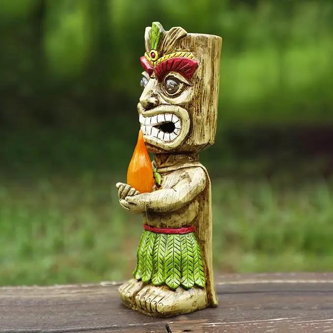 13" Tall Solar Torch Tiki Garden Statue, Resin Large Tiki Decor Figurine with Solar Lights, Hawaiian Tiki Man, Outdoor Patio Yard Lawn Bar Party Beach Pool Pond Decoration, Valentine's Day Gift by GreenHaven Gardens
