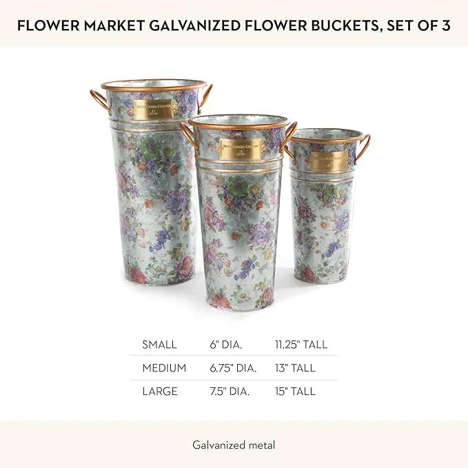 MACKENZIE-CHILDS Galvanized Flower Buckets, Decorative Metal Buckets, Flower Market, Set of 3 by GreenHaven Gardens