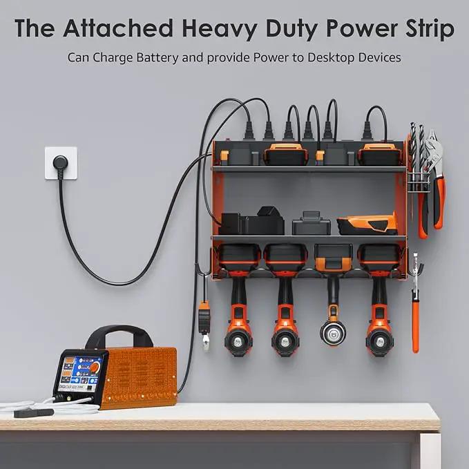 CCCEI Set Power Tool Organizer Wall Mount with Charging Station. Garage 4 Drill Storage Shelf with Hooks, Heavy Duty Metal Tool Battery Charger Organizer. Shop Utility Rack with Power Strip Orange. by GreenHaven Gardens
