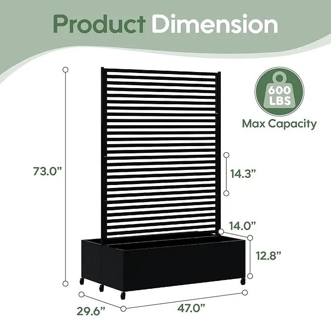 Double Metal Planter Box with Trellis Privacy Screen, Raised Garden Bed with Trellis & Wheels, Planter Box Outdoor with Drainage Holes for Climbing Plants, Vegetable, Vines,73"x 47"x 30", Black by GreenHaven Gardens