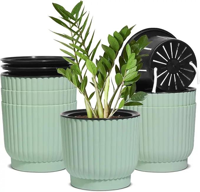 T4U 6 Inch Self Watering Pots for Indoor Plants, 6 Pack Planters for Indoor Plants, Durable Plastic Mint Green Pots for Indoor Plants, African Violets, Flower by GreenHaven Gardens