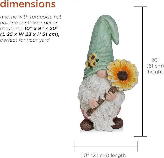 Alpine Corporation MCC842 Indoor/Outdoor Gnome Holding Sunflower Garden Statue, Charming Gnome Statue w/Hat, 21" H, Turquoise by GreenHaven Gardens