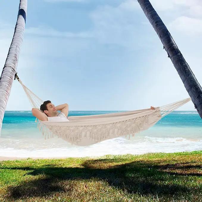 Hammock Hanging Swing Double Max 500lbs Macrame for Indoor Outdoor Patio Yard Garden (Beige) by GreenHaven Gardens