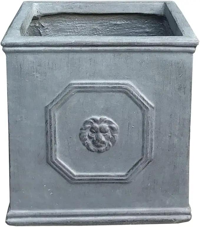 Kante Square Lion Head Concrete Planter, Classic English Style Plant Pot with Drainage Hole and Rubber Plug for Indoor Outdoor Garden Patio Home, 12.6"x12.6"x12.6" Gravel Gray by GreenHaven Gardens