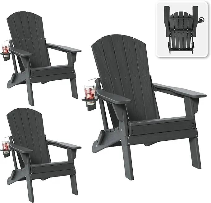 Folding Adirondack Chair Set of 3 with Cup Holder, HDPE All Weather Resistant Plastic Outdoor Patio Chairs, Heavy Duty Fire Pit Seating for Backyard Lawn Garden, Wooden Textured Design(Gray) by GreenHaven Gardens