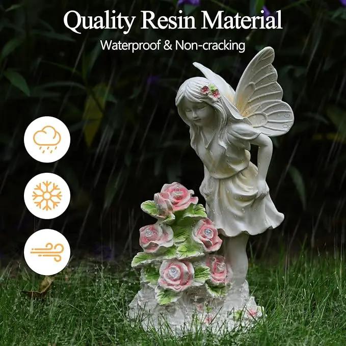 Angel Garden Statue, Guardian Solar Garden Decor with Warm Light, Waterproof Butterfly Angel Figurine with Flowers, Outdoor Garden Decor Sculpture for Lawn Yard Patio Windowsill, White by GreenHaven Gardens