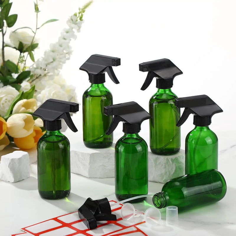 Norme 12 Pcs 8 oz Glass Spray Bottles with Funnels and Labels Refillable Cosmetic Empty Spray Bottles with Sprayer Containers for Essential Oil Cleaning Solutions(Green,Classic) by GreenHaven Gardens