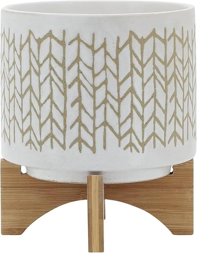 8" Ceramic Planter Stand, Ivory/Beige Chevron with Wooden Base, Indoor/Outdoor Planter with Stand for Your Succulents and Small Plants by GreenHaven Gardens