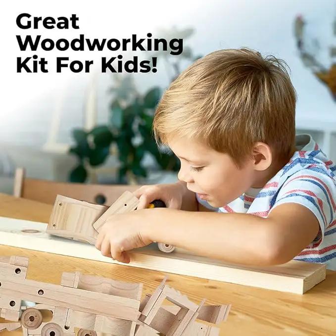 Kraftic Woodworking Building Kit for Kids and Adults, 3 Educational DIY Carpentry Construction Wood Model Kit Toy Projects for Boys and Girls - Build a Wooden Military Jet Race Car and Tractor Trailer by GreenHaven Gardens