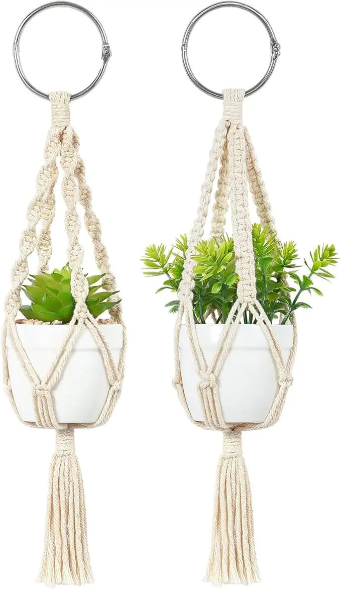 Mkono Mini Macrame Plant Car Accessories Rear View Mirrior Charm Cute Hanging Rearview Car Decor Boho Hanger with Artificial Succulent Plants Gifts for Plant Lover Set of 2, White by GreenHaven Gardens