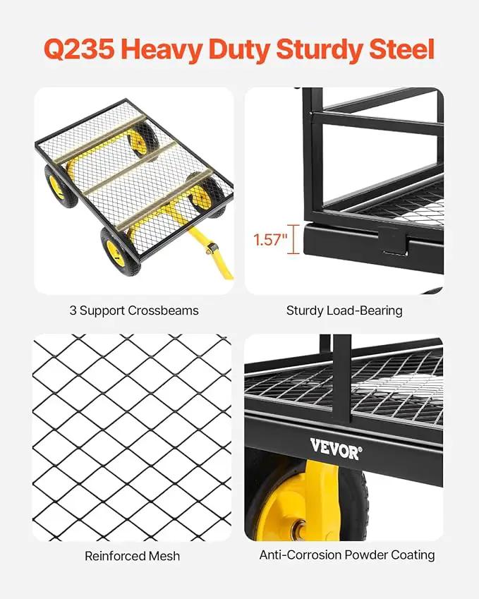 VEVOR 1200 Lbs Steel Garden Cart, Heavy Duty Pullable Garden Wagon Yard Cart, 2 in 1 Outdoor Metal Utility Wagon Yard Trailer with 13" All Terrain Tires, Mesh Removable Sides and 180°Rotating Handle by GreenHaven Gardens
