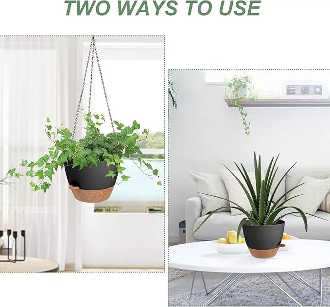 Hanging Planters for Indoor Outdoor Plants, 2 Pack Self Watering Hanging Pot with Drainage Holes & Removable Tray (Black, 8'') by GreenHaven Gardens