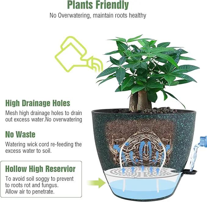 12 inch Large Self Watering Pots, Plastic Planters with 60oZ Removable Deep Reservoir and Multi Mesh Drainage Holes for Indoor Outdoor Garden Plants and Flowers, Black with Green Speckles by GreenHaven Gardens