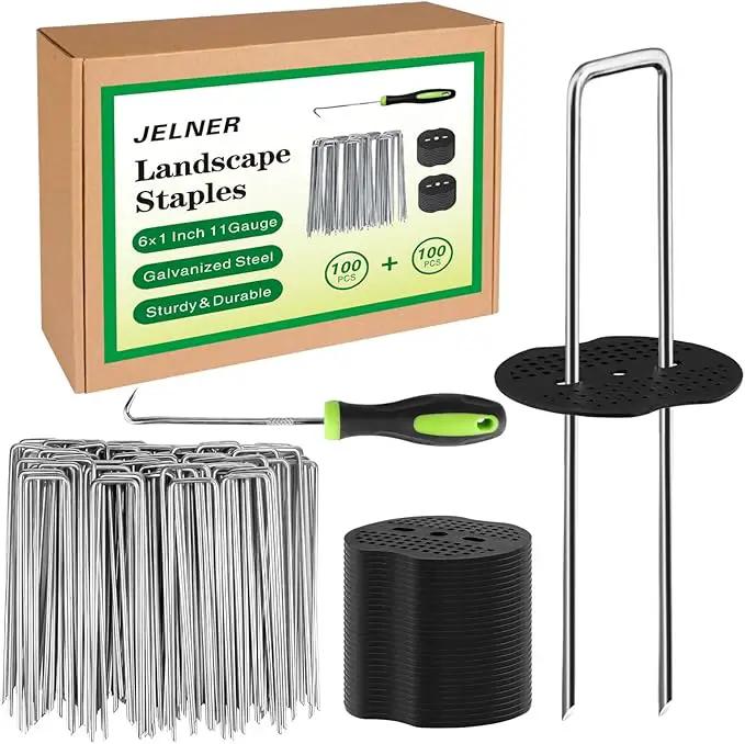 Landscape Staples Set,6 Inch 11 Gauge 100pcs Galvanized Garden Stakes + 100pcs Gaskets + 1Pick Hook,U-Shaped Tent Stakes Landscaping Fabric SOD Pins for Weed Fabric Barrier,Groud Cover,Fence by GreenHaven Gardens