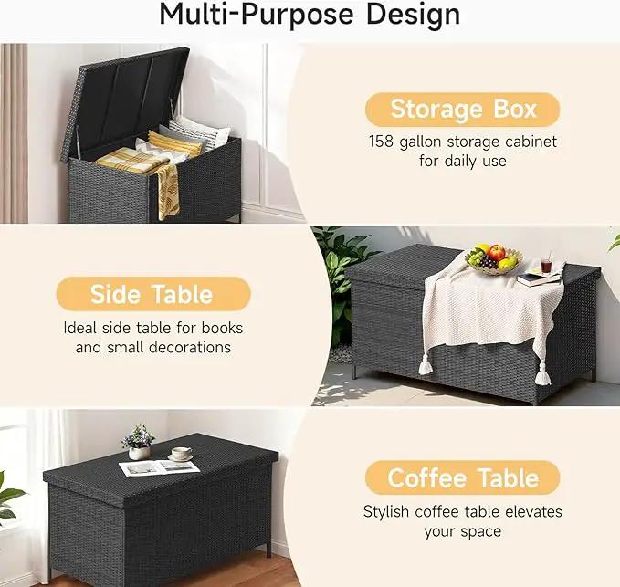 158 Gallon XL Deck Box with Lid, All Weather Wicker Outdoor Storage Box Waterproof, Large Outdoor Patio Storage Bin for Cushions, Garden Tools, Gears, Pool Accessories, Black by GreenHaven Gardens