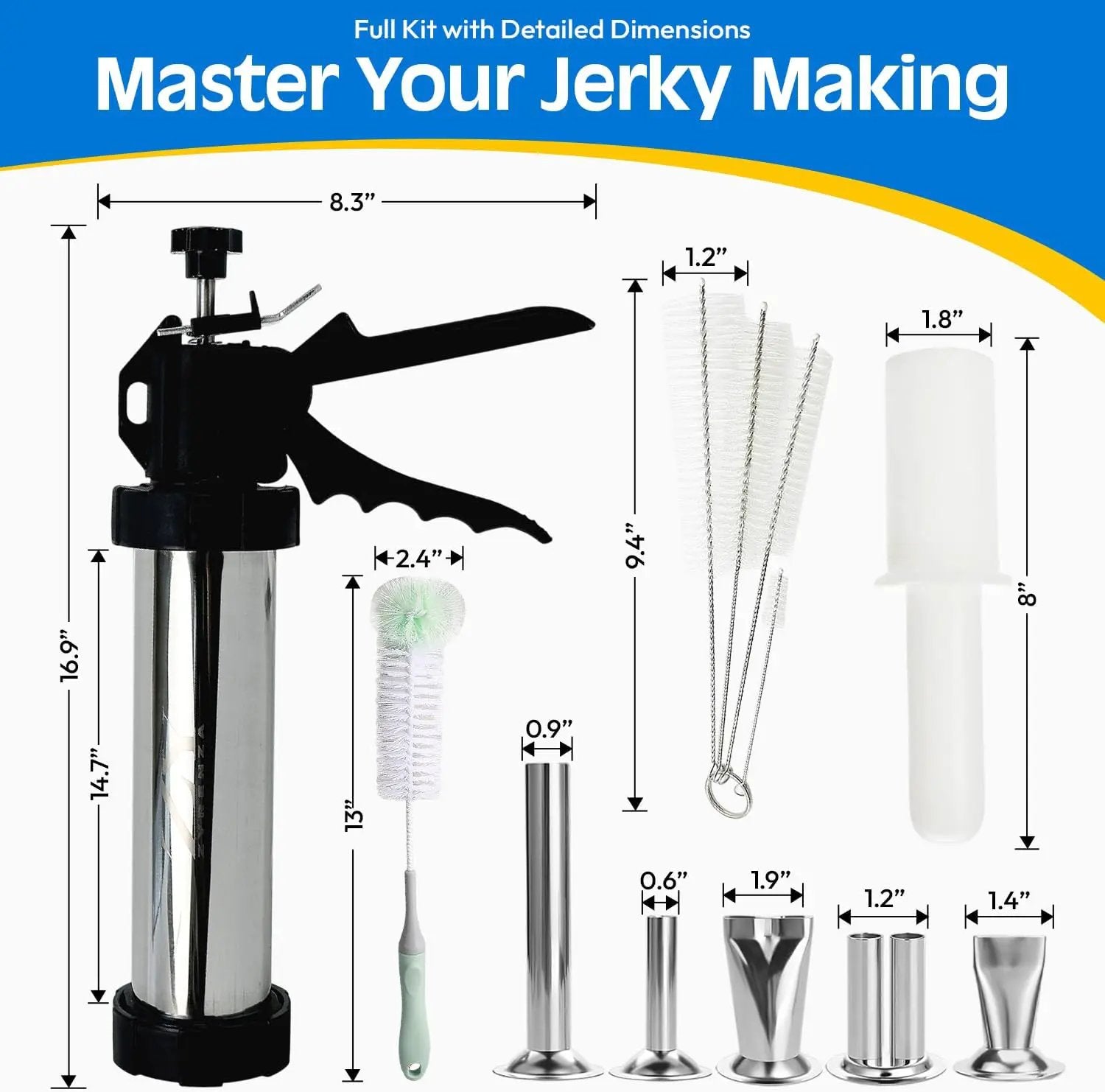 Professional Jerky Gun Kit – Stainless Steel Beef Meat Maker Machine with 5 Nozzles, 1 Meat Pusher, 5 Cleaning Brushes (2 Sets), Sausage Shooter Accessories & Bonus Pair of Gloves by GreenHaven Gardens
