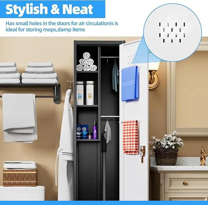 72''H Metal Broom Closet Storage Cabinet with Wheels & Pegboards, Mops Broom Closet Organizer with Locking Door & Hanging Rod,Cleaning Tool Garage Cabinet,Assembly Required,Black White by GreenHaven Gardens