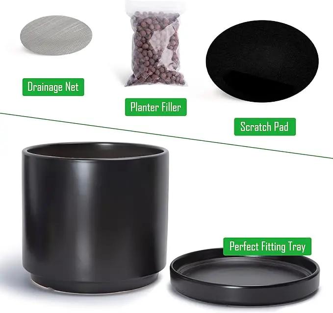 D'vine Dev 14 Inch Ceramic Planter Pot with Drainage Hole and Saucer, Indoor Cylinder Round Planter Pot, Black, 94-O-G-2 by GreenHaven Gardens