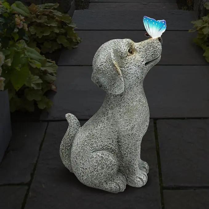 Solar Garden Outdoor Statues Dog with Butterfly Lights, Lawn Decor Puppy Figurine for Patio Balcony Yard, Yard Unique Christmas Birthdays Gift for Mom Grandma by GreenHaven Gardens