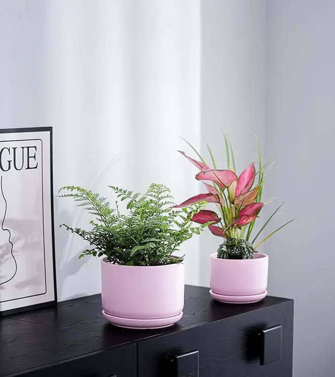 Ton Sin Plant Pots, 4.1+5.1+6.5 inch, Set of 3, Ceramic Planters with Drainage Hole and Saucer, Indoor Flower Pot with Hole Mesh Pad, Gifts for Mom(Matte Pink) by GreenHaven Gardens