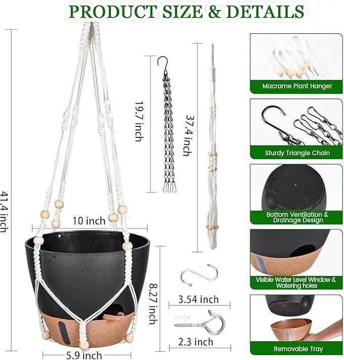 10 Inch Hanging Planters for Indoor Plants, 2 Pack Self Watering Hanging Baskets Flower Pots with Drainage Hole, Visual Reservoir & 2 Kinds of Plant Hanger for Outdoor Garden Home Decor（Black） by GreenHaven Gardens