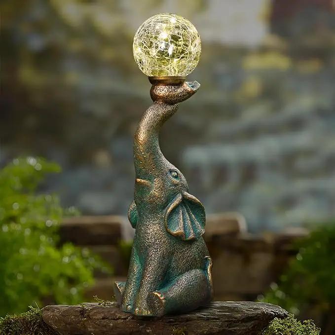 MININOVA Garden Decor Outdoor Statues Elephant with Cracked Glass Ball, Cute Solar Figurine for Patio, Lawn, Yard Art Ornament Decorations (8 LED Lights)