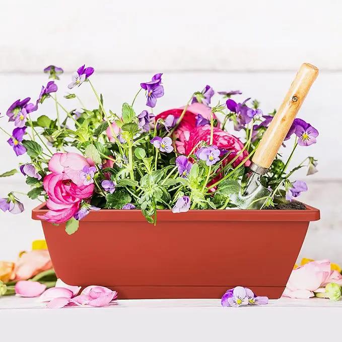 Window Box Planter, 12 Pack Plastic Vegetable Flower Planters Boxes 17 Inches Rectangular Flower Pots with Saucers for Indoor Outdoor Garden, Patio, Home Decor (Brick red) by GreenHaven Gardens